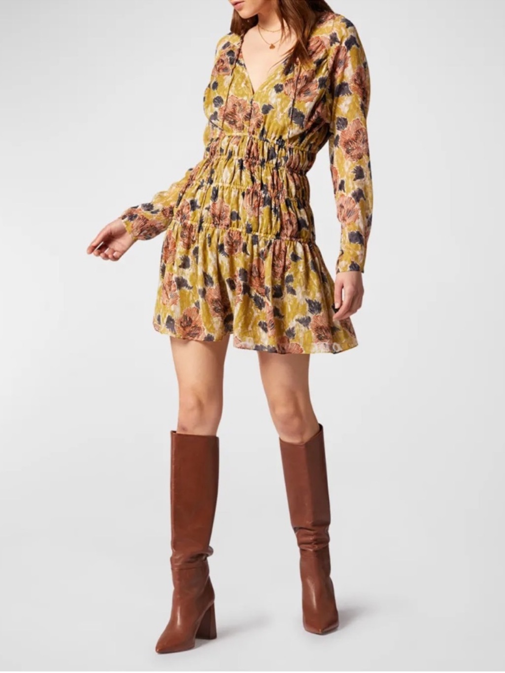 Nwt Joie Silk Aminah Mini Dress Floral Long Sleeves Olive Green Yellow Small